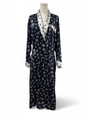 Coldwater Creek Satin Navy Blue Starfish Coastal Long Woman's Robe Size L/XL